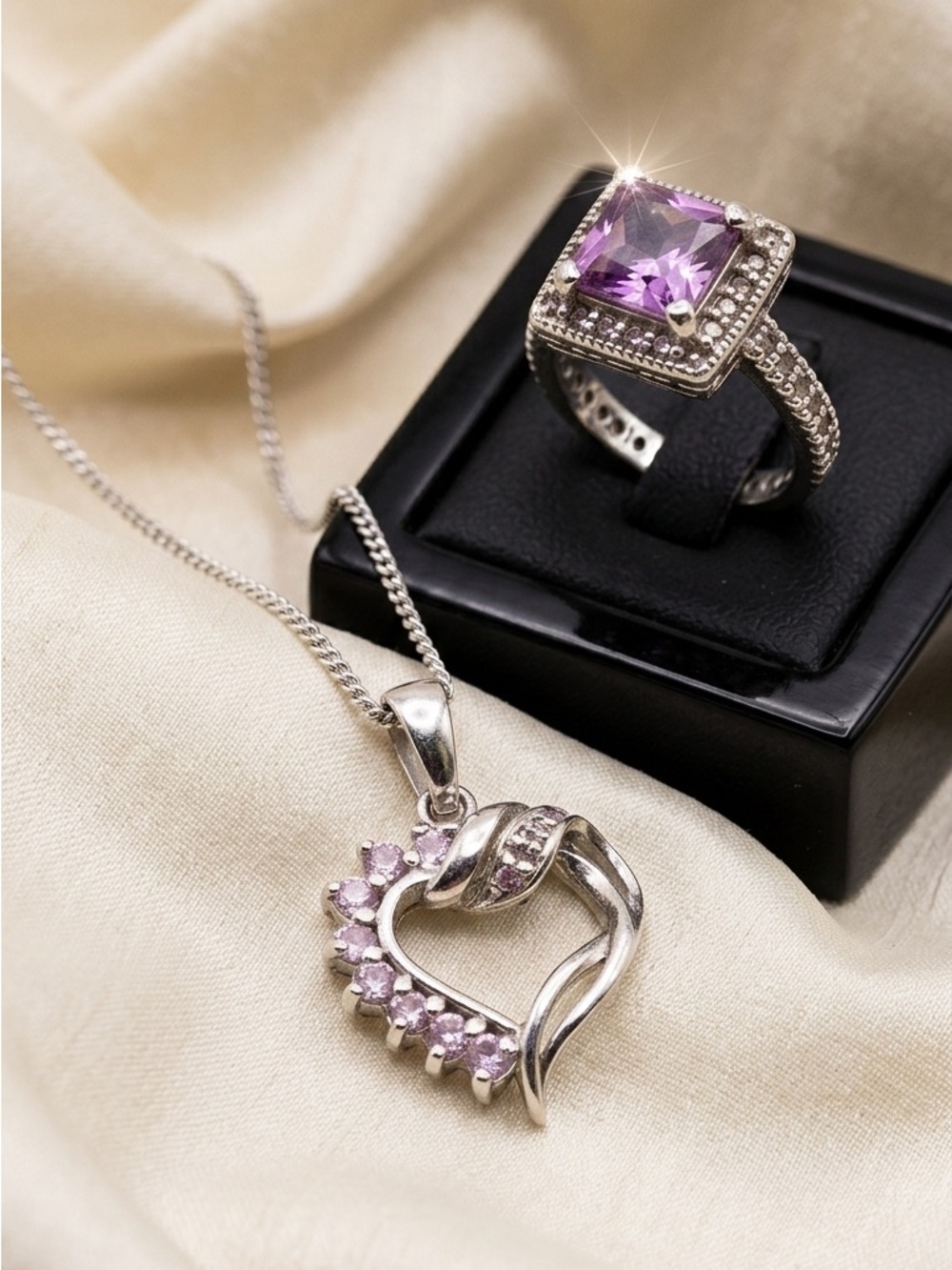 Sterling .925 Pink/White CZ Heart 19" Necklace/Silver Plated CZ Ring Sz 6 2348